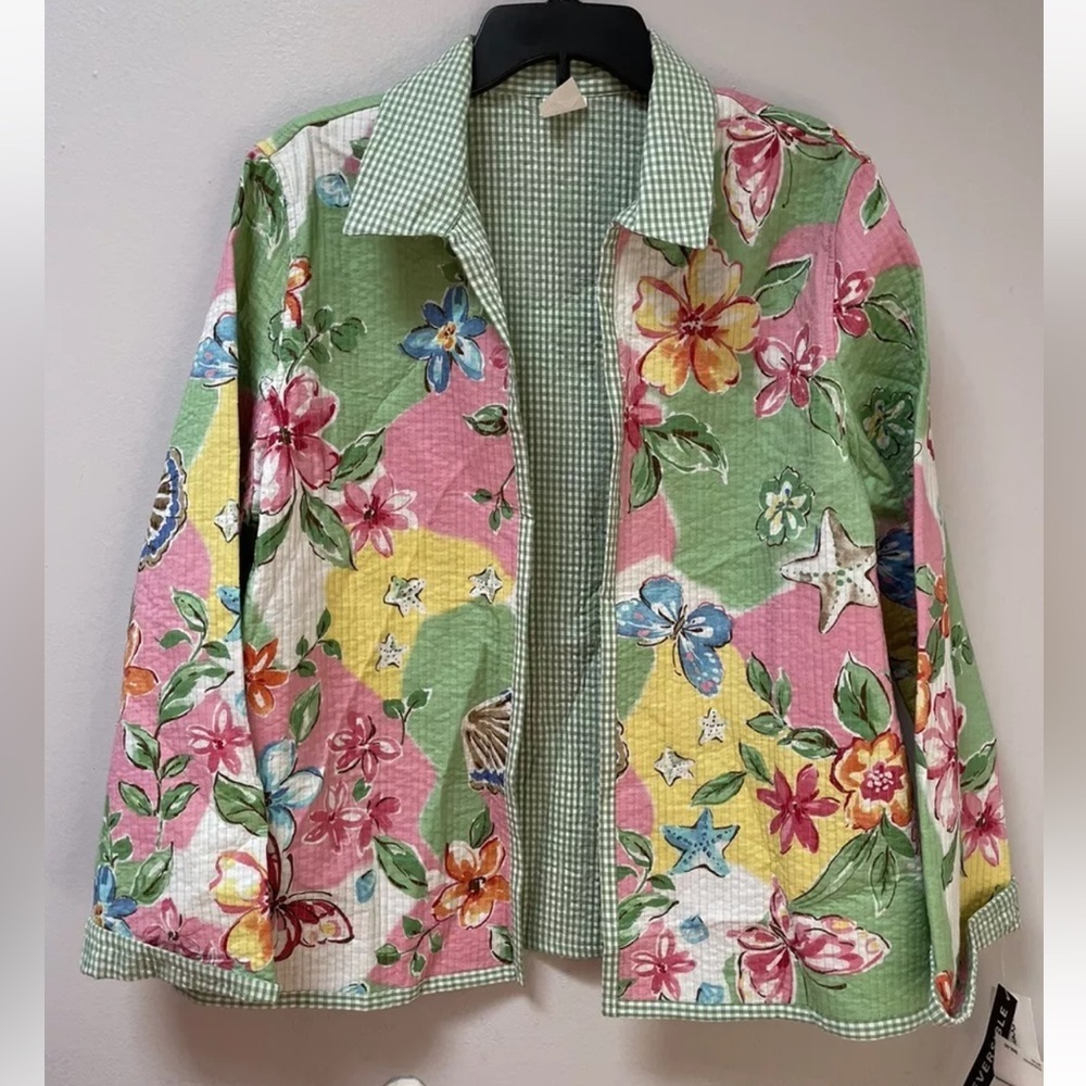 Alfred Dunner Women’s Jacket Blazer 16 Reversible Open Quilted Floral Checked